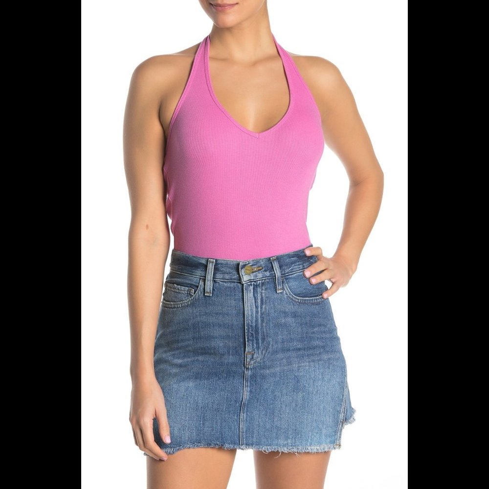 Abound Bodysuit halter thong ribbed pink NWT M